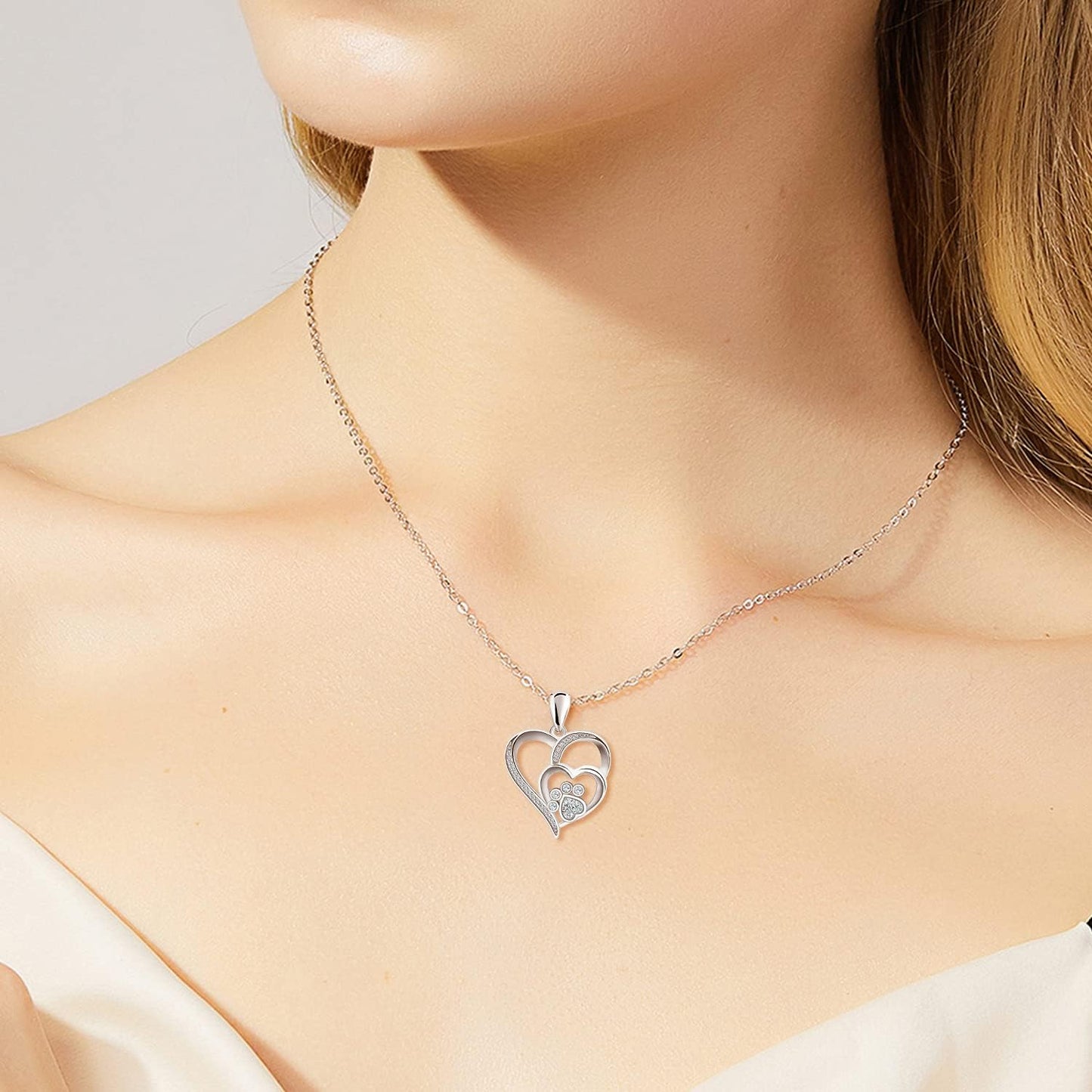 Sterling-Silber Pfoten & Herz Halskette mit Zirkonia