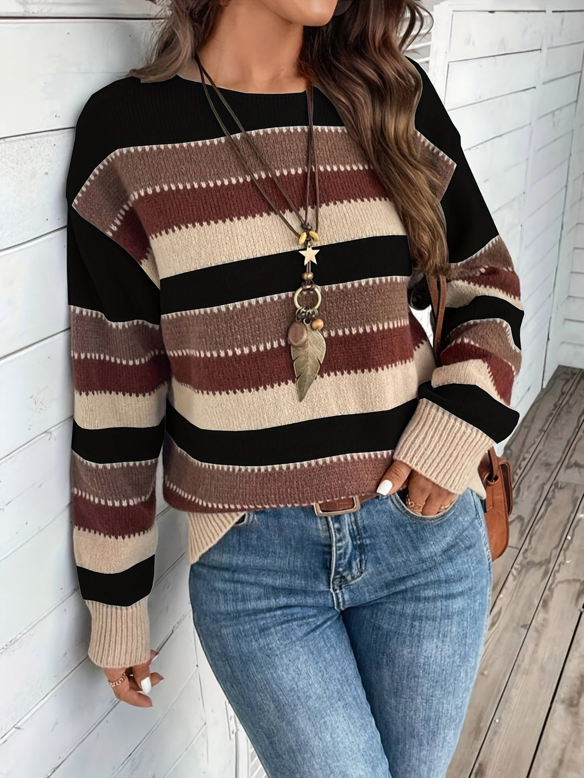 Delphine | Damen gestreifter Pullover mit Rundhalsausschnitt