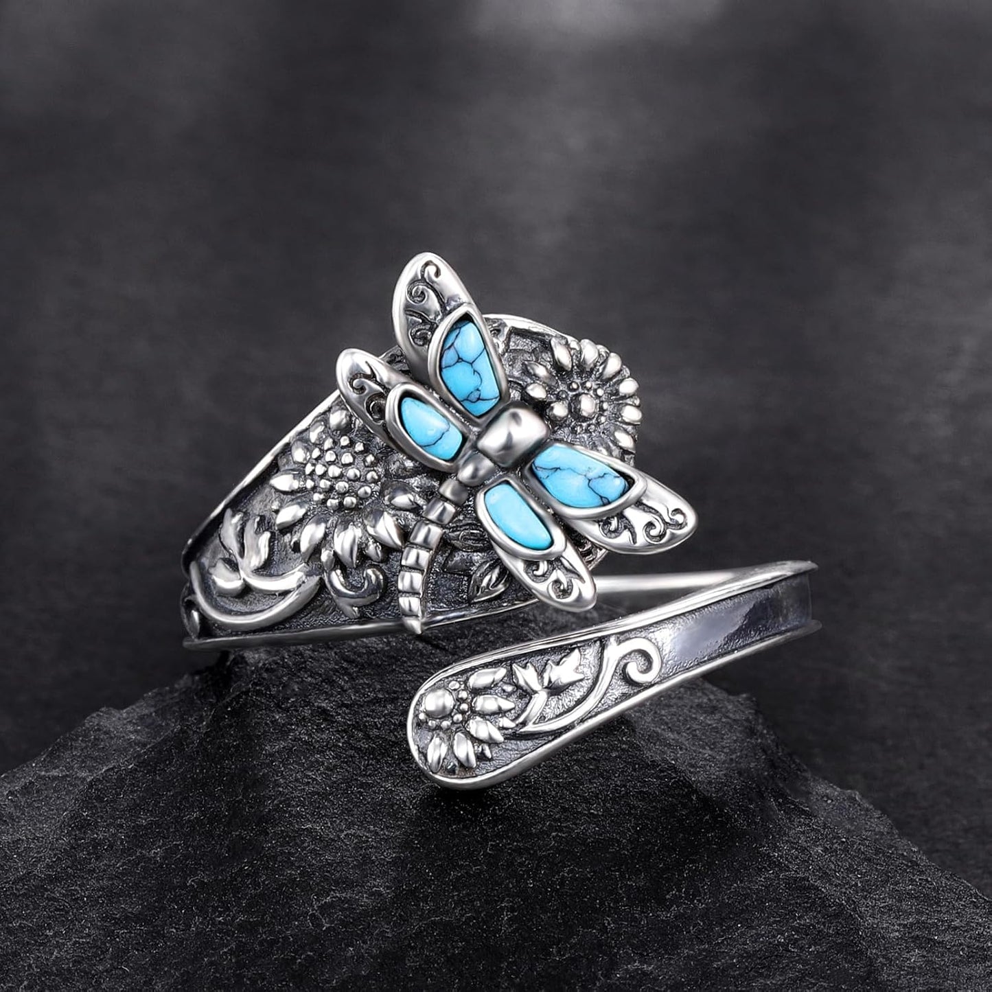 Sterling-Silber Türkis Löffelring – Vintage Boho Wickelring mit Libelle