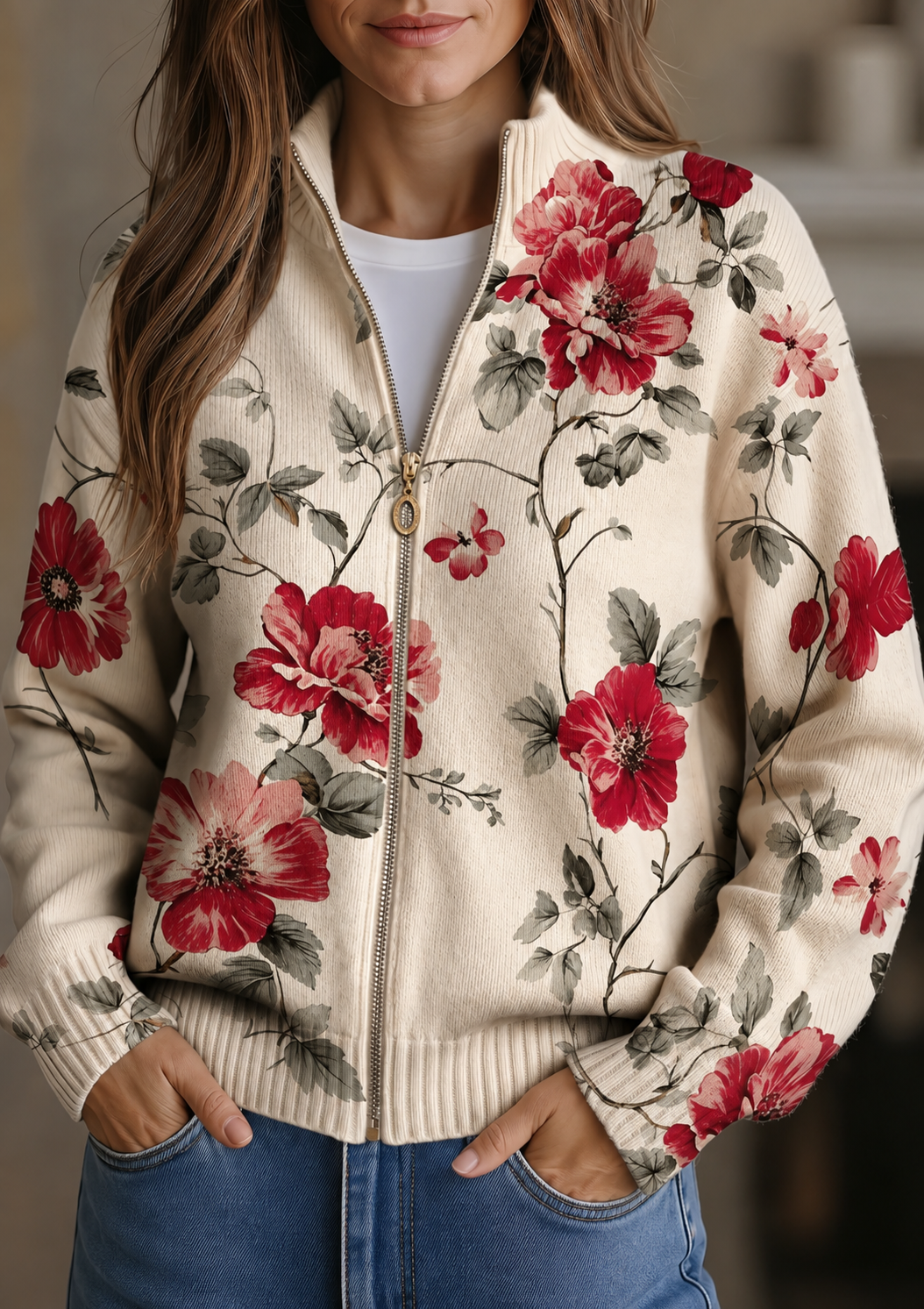 Bodil | Zip-Cardigan mit Rosenprint
