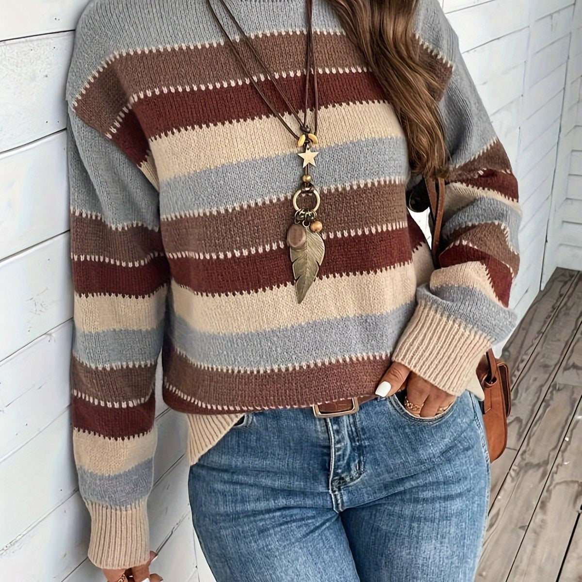 Delphine | Damen gestreifter Pullover mit Rundhalsausschnitt