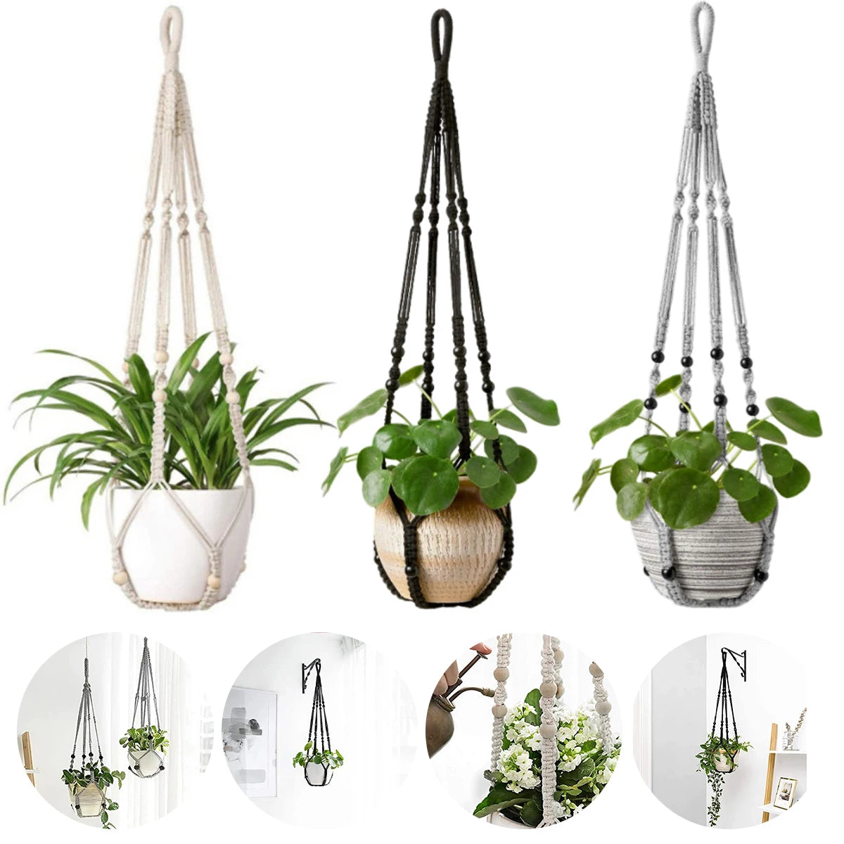 Naturéa Living Makramee-Pflanzenhänger | 90 cm Baumwolle | Für Blumentöpfe von 3–12 Zoll geeignet | Boho-Stil