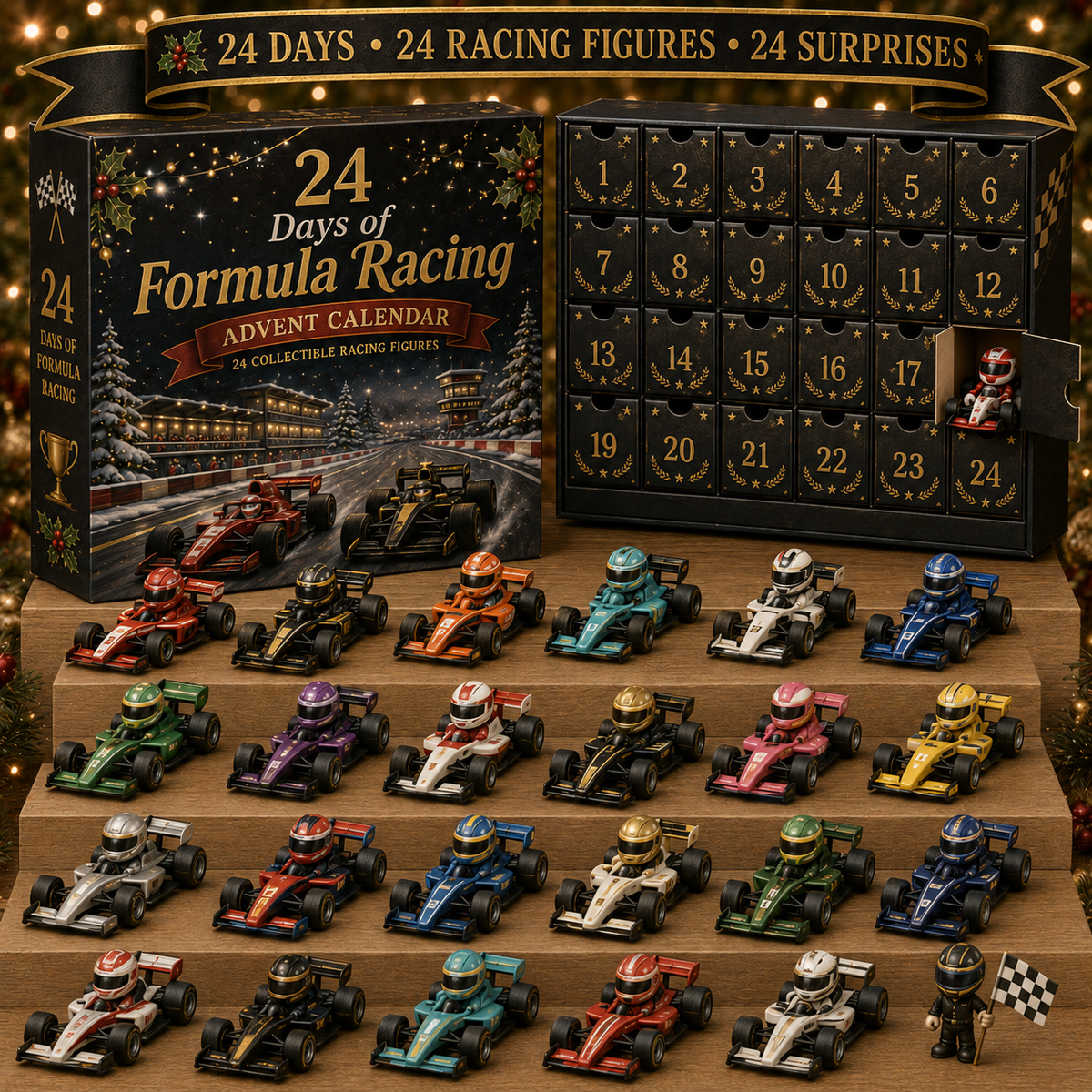 Adventskalender für Racingfans | 24-Tage-Rennwagenmotiv | 2D-Acryl | Mehrfarbig