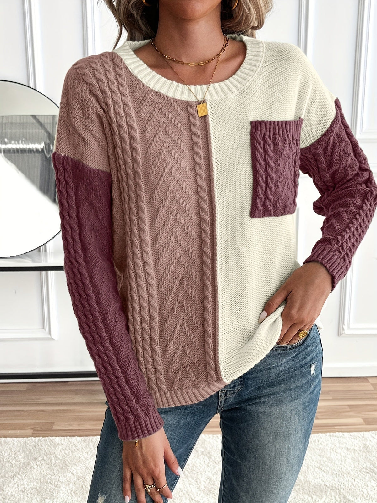 Delia | Damen Pullover mit Rundhalsausschnitt und Tasche