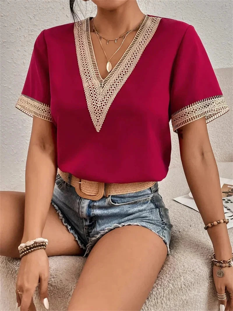 Bluse mit V-Ausschnitt Damen Spitzenbesatz mit Lockerer Passform