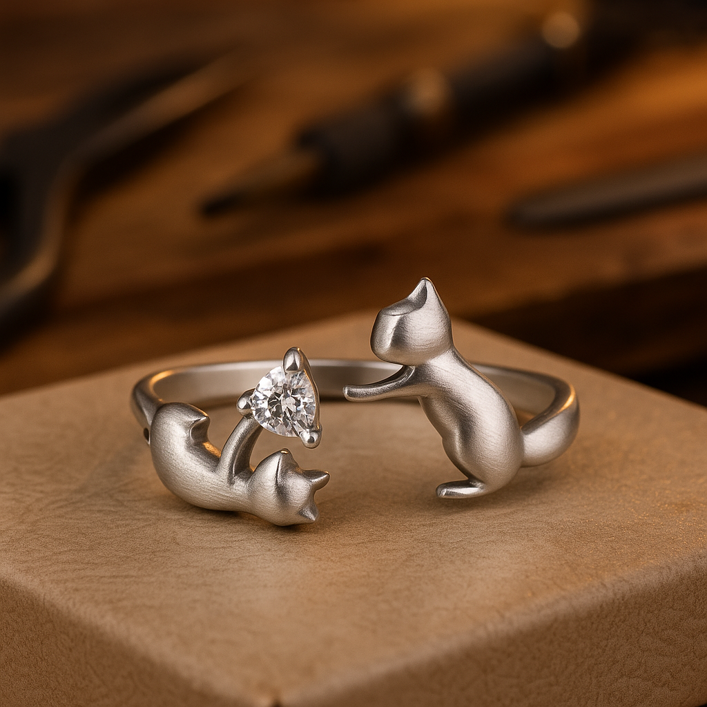 Verspielter Sterling-Silber Katzen-Verstellring mit Zirkonia