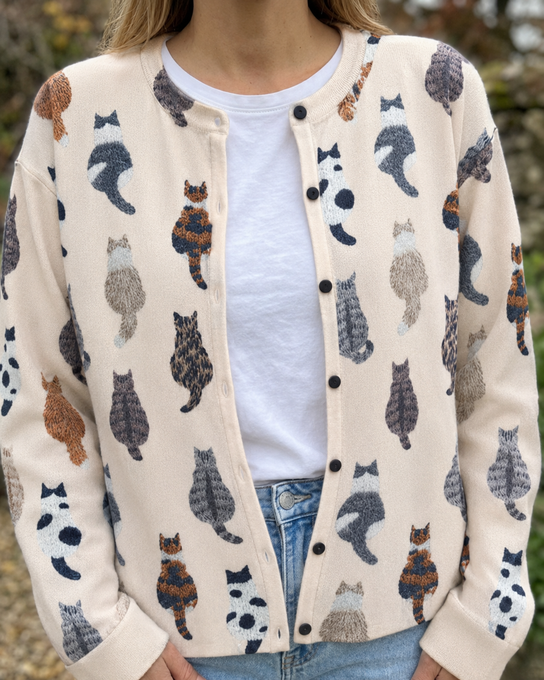 Katy | Damen Strickjacke mit Katzenprint