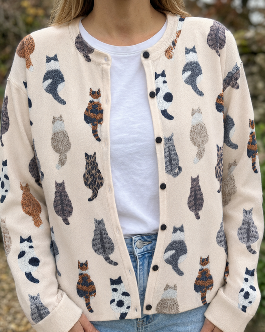 Katy | Damen Strickjacke mit Katzenprint