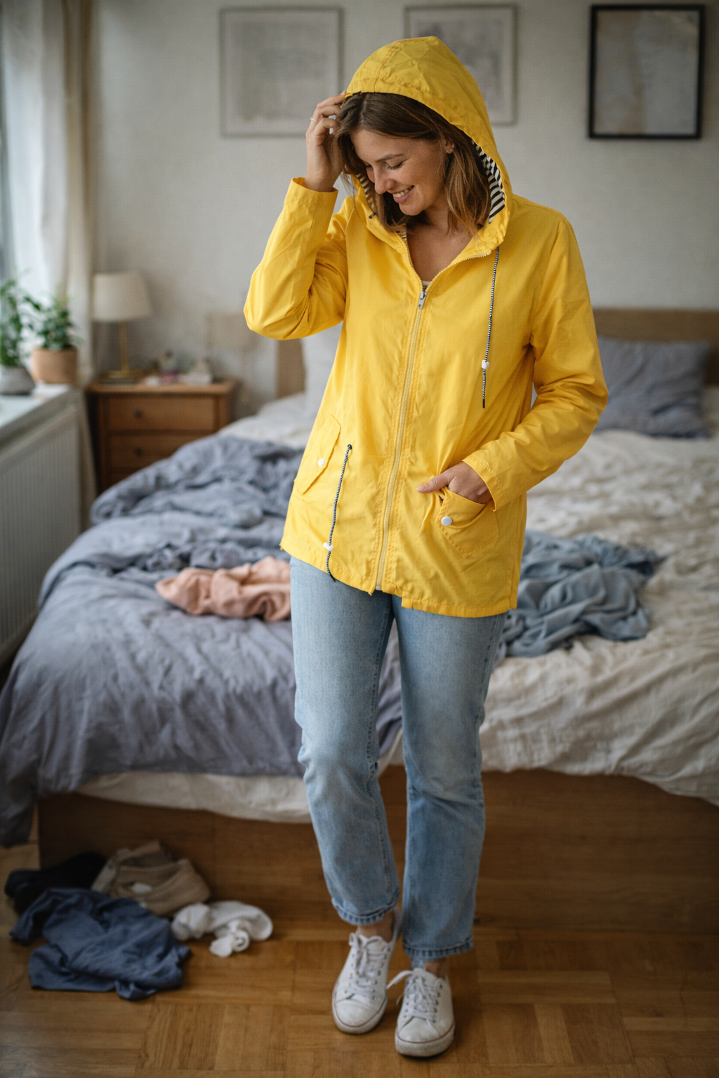 Damen Regenjacke mit langen Ärmeln, Kapuze und Taschen