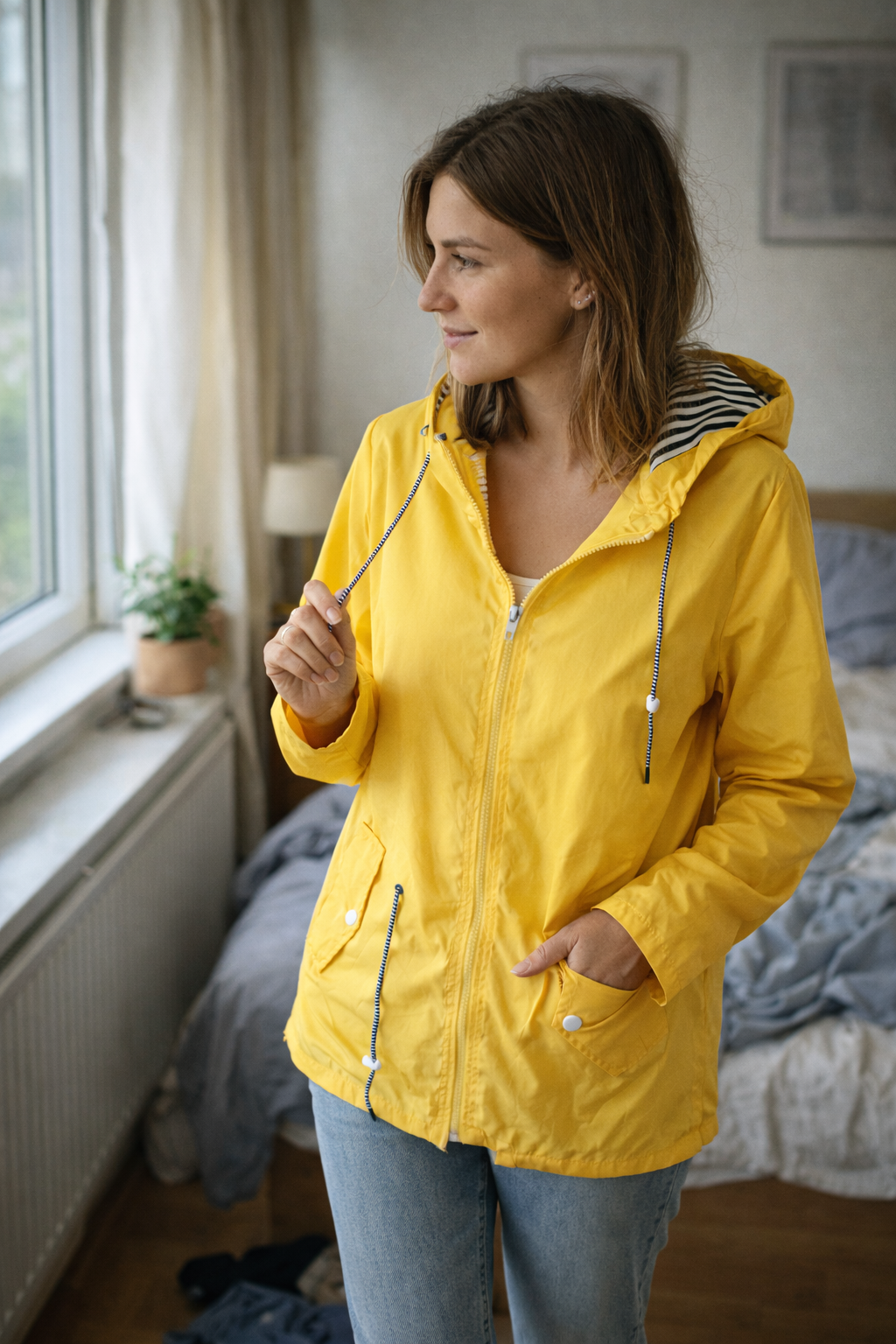 Damen Regenjacke mit langen Ärmeln, Kapuze und Taschen