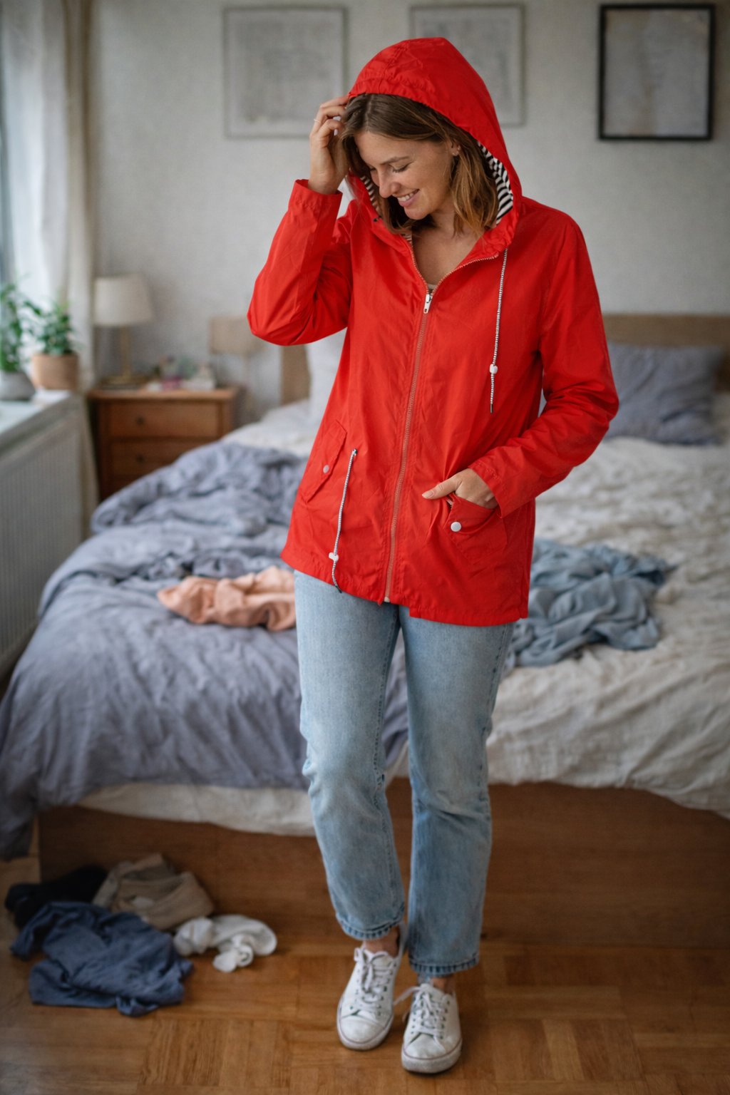 Damen Regenjacke mit langen Ärmeln, Kapuze und Taschen
