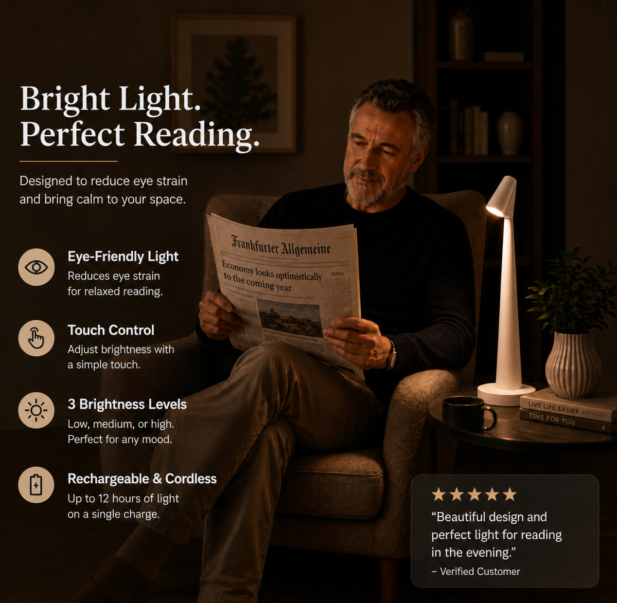 Nachttischlampe | Skandinavischen Design | 3-stufig Dimmbar per Touch | LumaLean