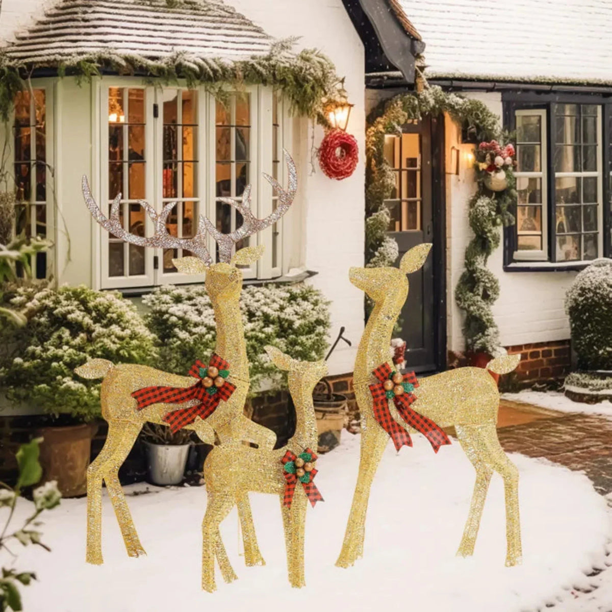 LED Rentierfamilie Weihnachten 3-teilig für außen | Beleuchtete Rentierfiguren mit warmweißen LEDs und Metallrahmen