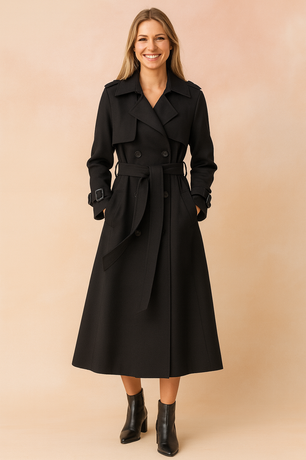 Eleganter langer Trenchcoat für Frauen mit Gürtel und Schnallen-Details