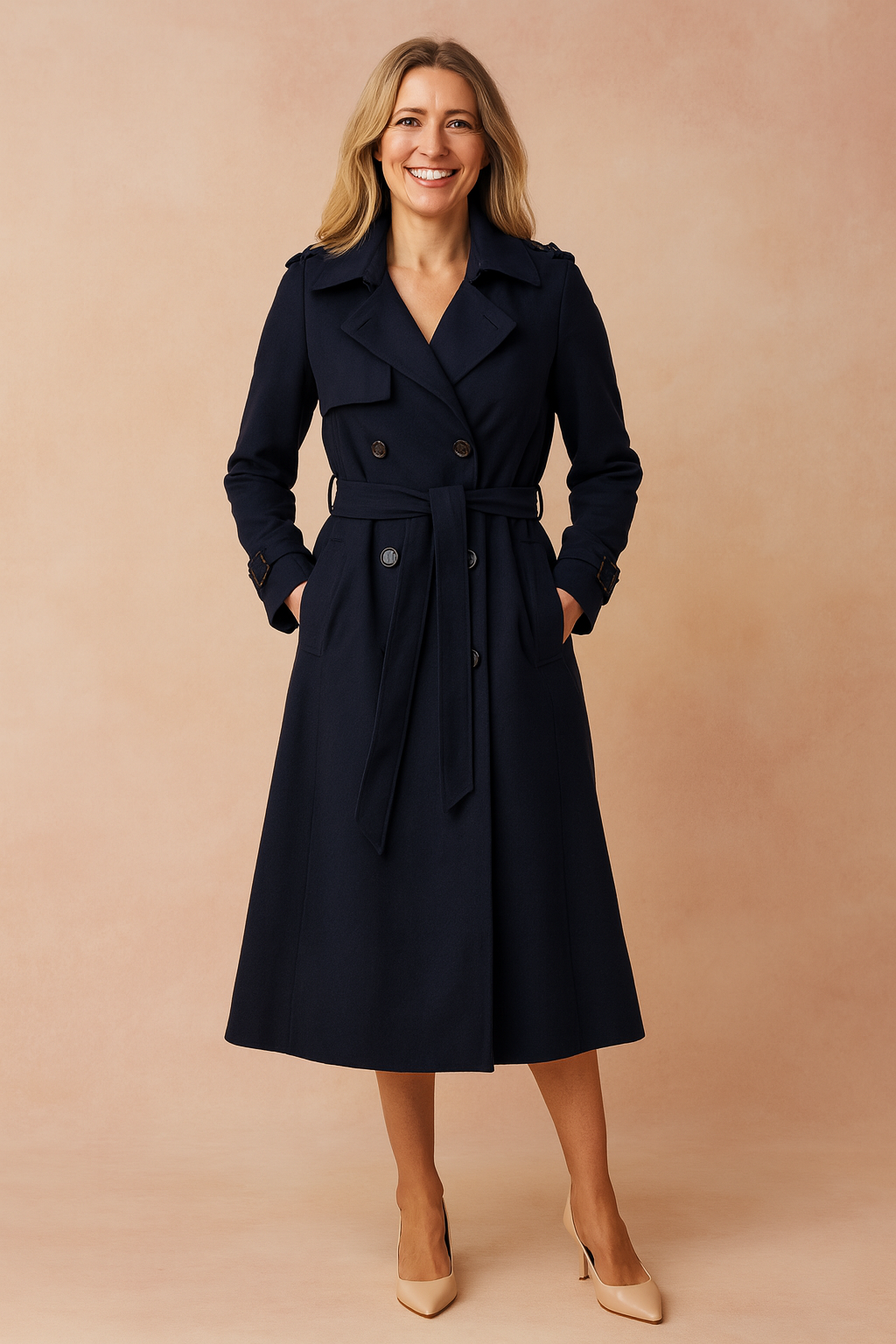 Eleganter langer Trenchcoat für Frauen mit Gürtel und Schnallen-Details