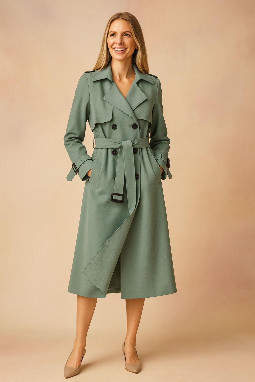 Eleganter langer Trenchcoat für Frauen mit Gürtel und Schnallen-Details