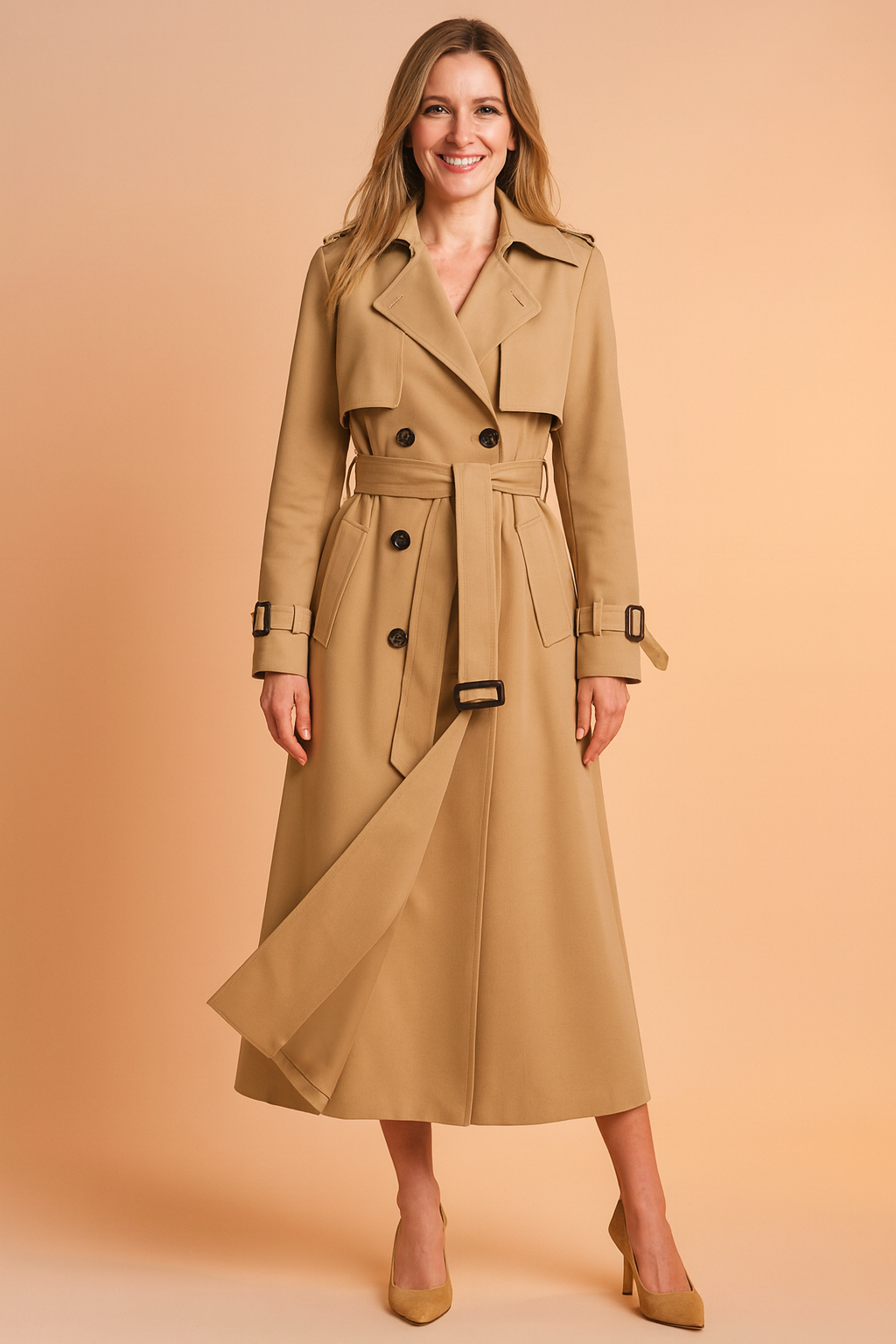 Eleganter langer Trenchcoat für Frauen mit Gürtel und Schnallen-Details