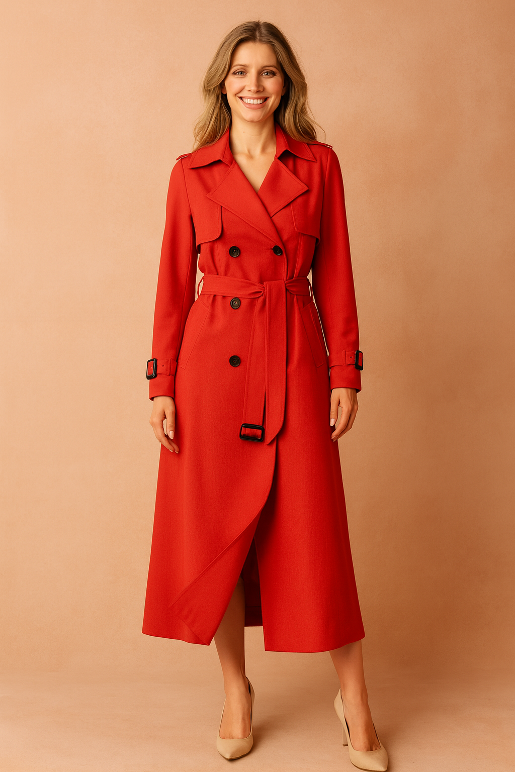 Eleganter langer Trenchcoat für Frauen mit Gürtel und Schnallen-Details