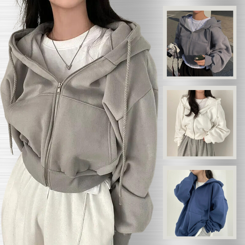 Damen Oversized Kapuzenjacke mit Reißverschluss und Taschen