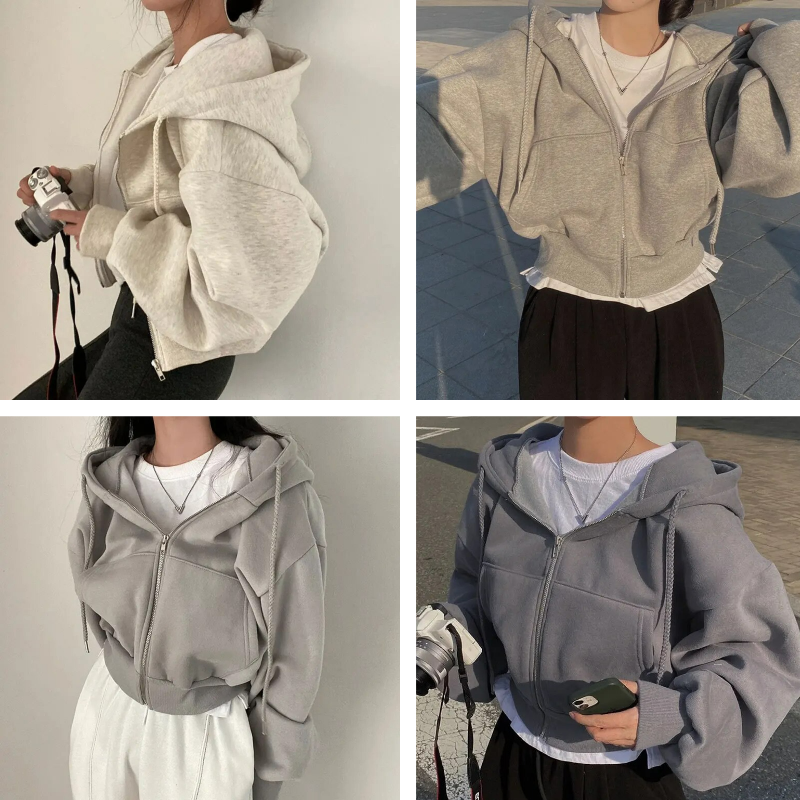 Damen Oversized Kapuzenjacke mit Reißverschluss und Taschen