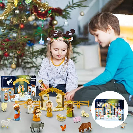 Krippen Adventskalender mit 24 Spielfiguren | Weihnachtskalender mit Krippenfiguren aus Kunststoff für Kinder und Familien