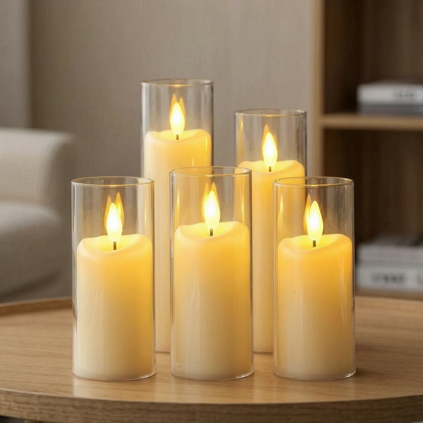 Flammenlose LED-Kerzen in Glaszylinder – 6er-Set verschiedene Höhen
