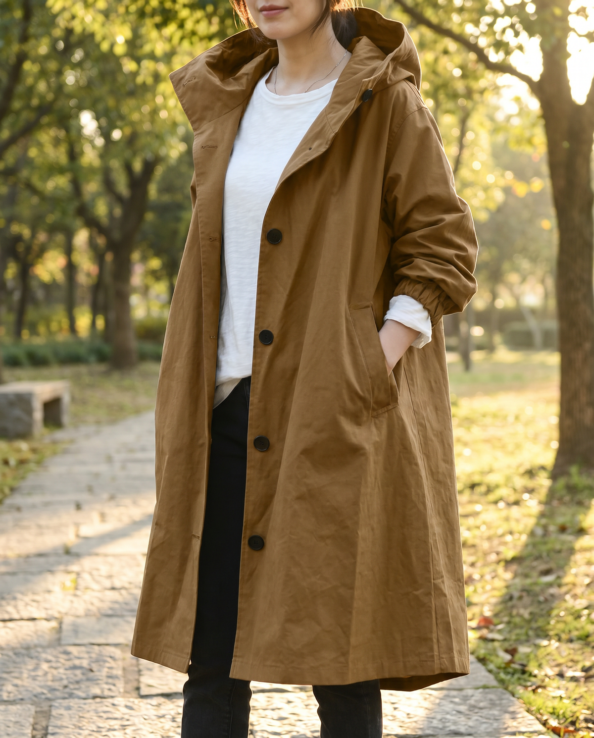 Damen Lange Kapuzen-Trenchcoat