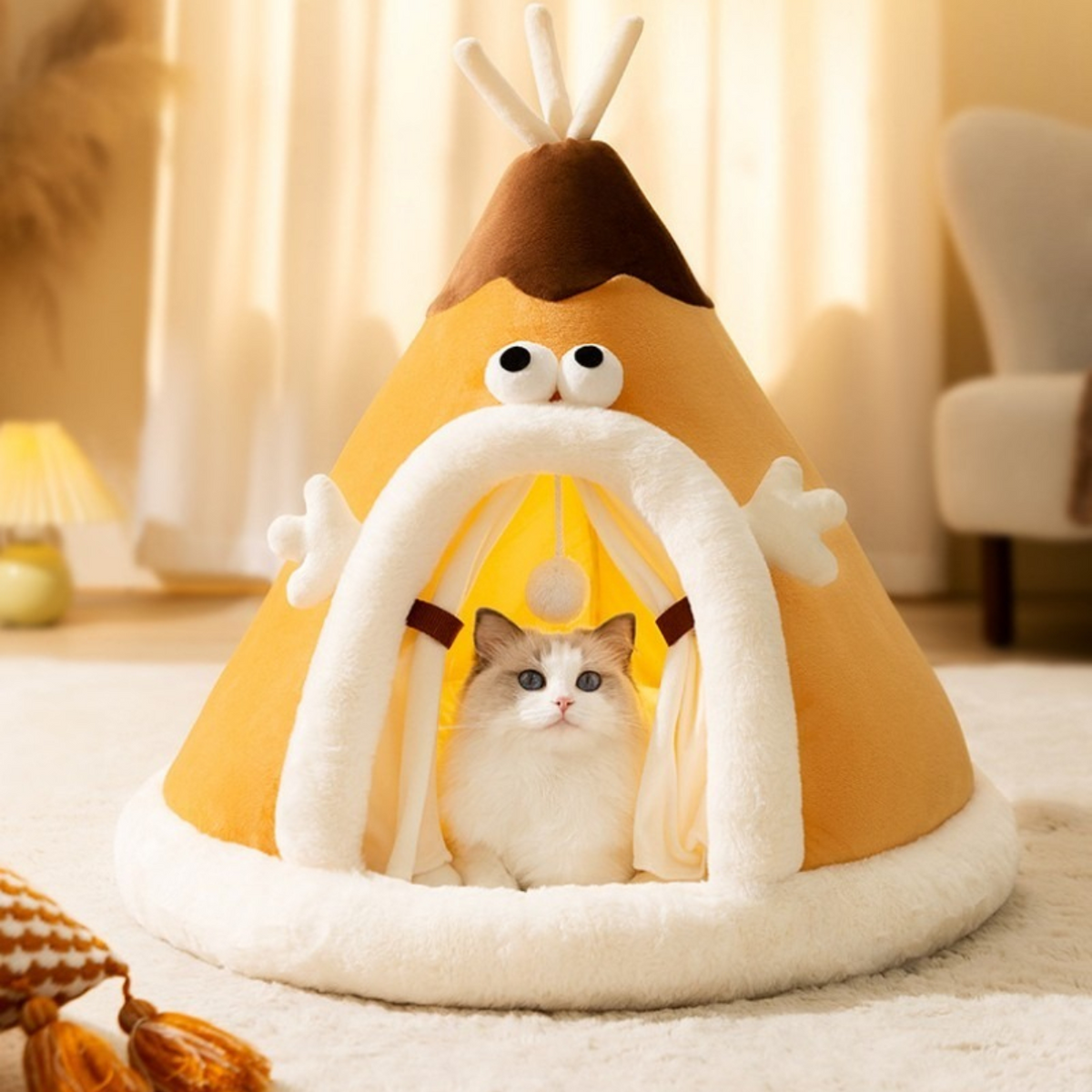 Katzenbett Zelt aus Fleece & Plüsch, 38–65 cm | Orange, Grau, Grün | Rutschhemmend, warmer Rückzugsort für Herbst & Winter