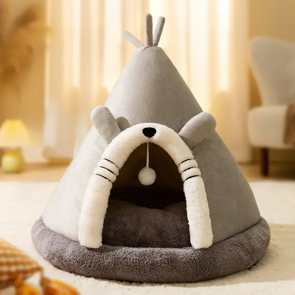 Katzenbett Zelt aus Fleece & Plüsch, 38–65 cm | Orange, Grau, Grün | Rutschhemmend, warmer Rückzugsort für Herbst & Winter