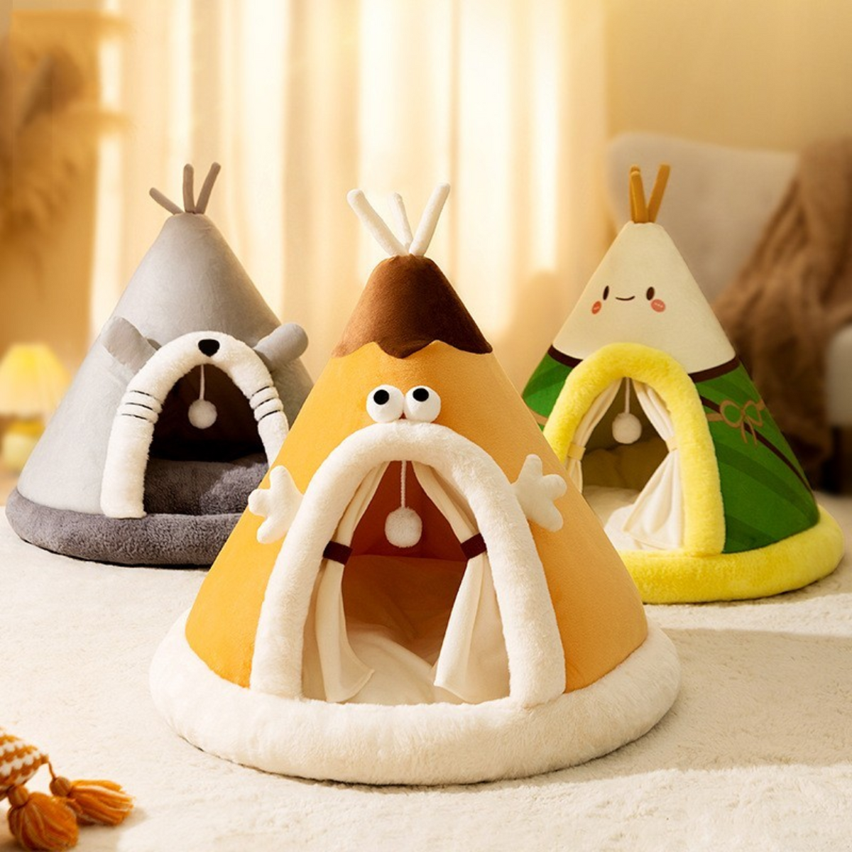Katzenbett Zelt aus Fleece & Plüsch, 38–65 cm | Orange, Grau, Grün | Rutschhemmend, warmer Rückzugsort für Herbst & Winter