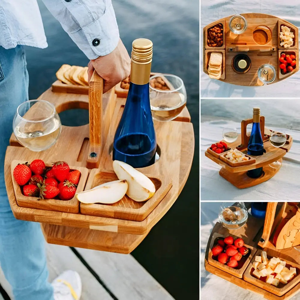 Klappbarer Holz-Picknicktisch | Mit Flaschen und Glashalter | Snackfach | PicknickWerk