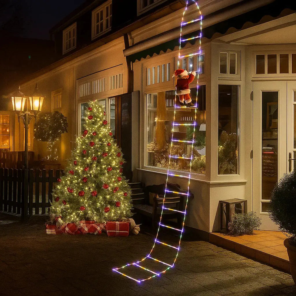 Kletternder Weihnachtsmann mit LED-Leiter | Beleuchtete Weihnachtsdekoration mit 2,5 m langer Leiter für Balkon, Fenster und Fassade