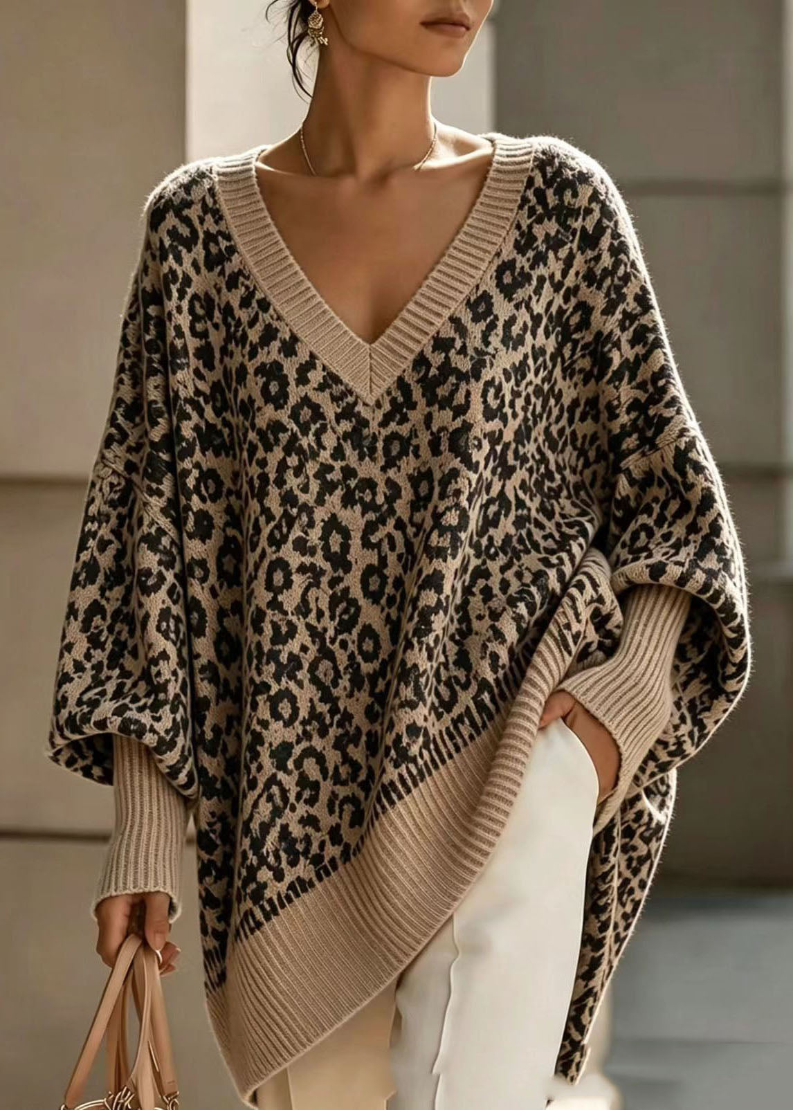 Damen Pullover mit Leopardenmuster, V-Ausschnitt und langen Ärmeln