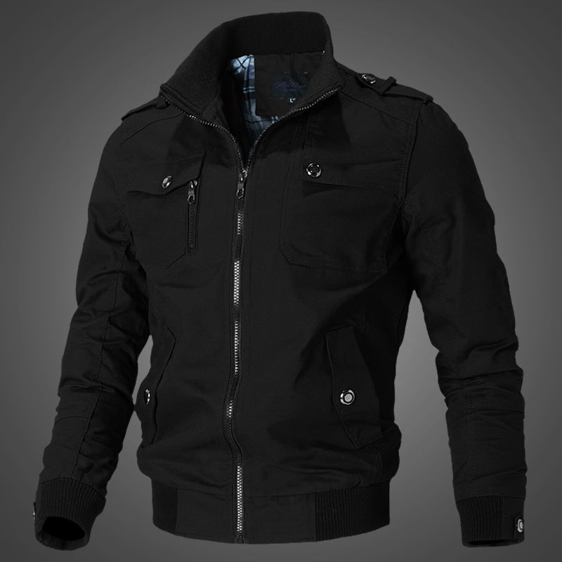 Herren robuste Canvas-Bomberjacke mit Schulterklappen und Reißverschluss-Front