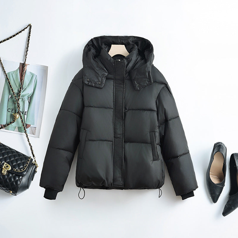 Damen kurze Microfaser-Pufferjacke mit herausnehmbarem Kragenpolster und Tunnelzugsaum