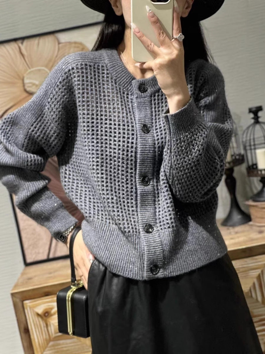 Damen Mesh-Cardigan mit Rundhalsausschnitt, Knopfleiste und langen Ärmeln