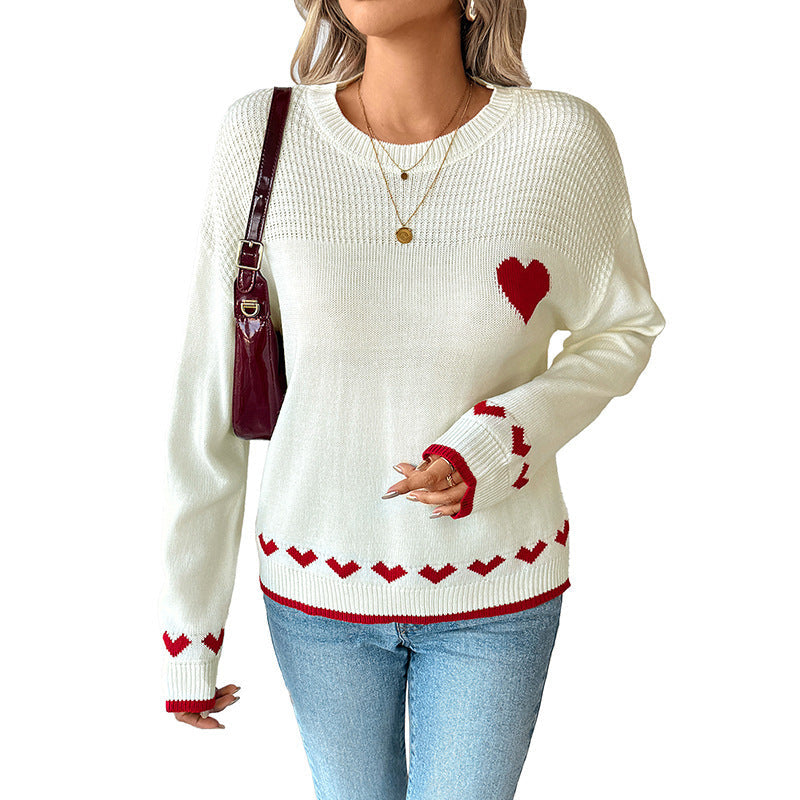 Damen Pullover mit Rundhalsausschnitt, Herzintarsien und gerippten Bündchen