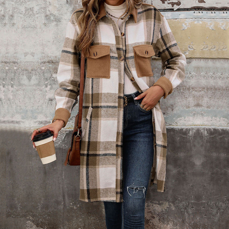 Damen Hemdjacke mit Karomuster, Taschen und Knöpfen, Langarm