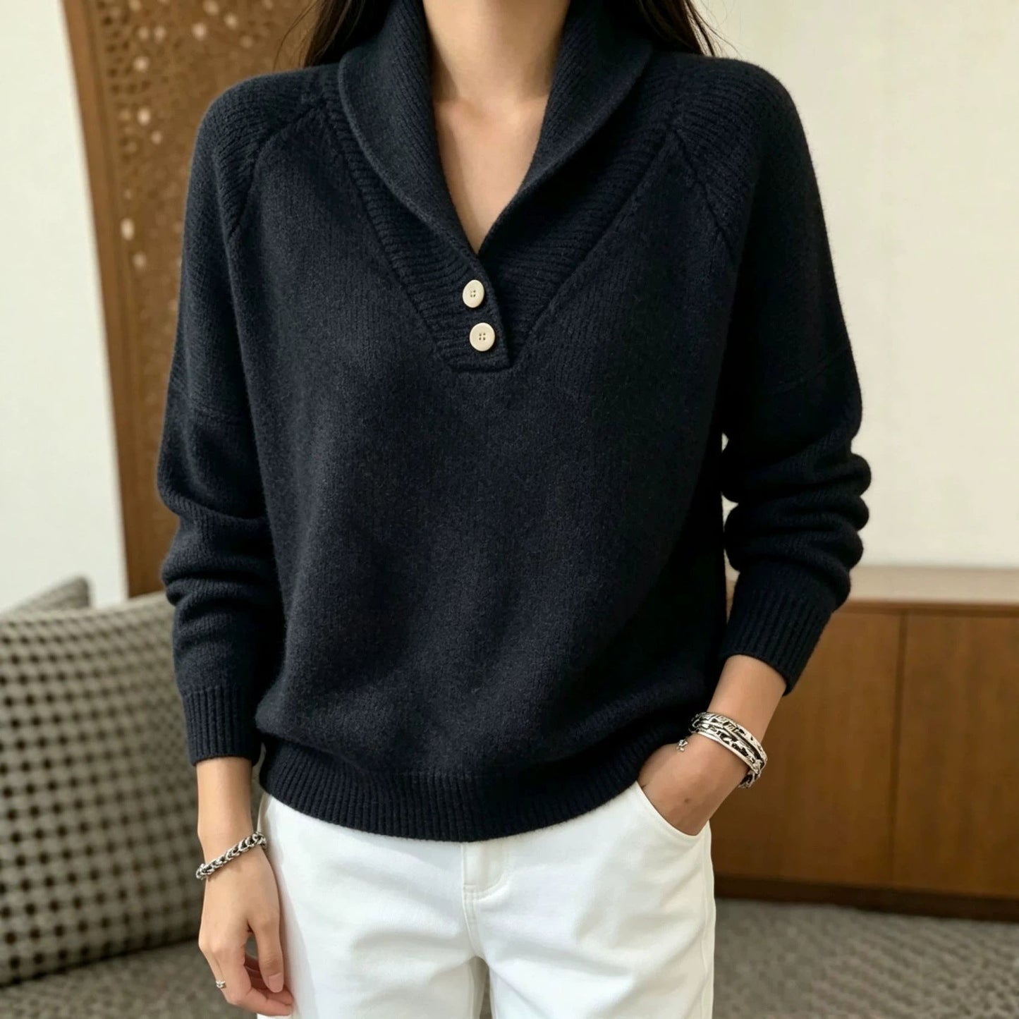 Martha | Damen Langarmpullover mit Knöpfen