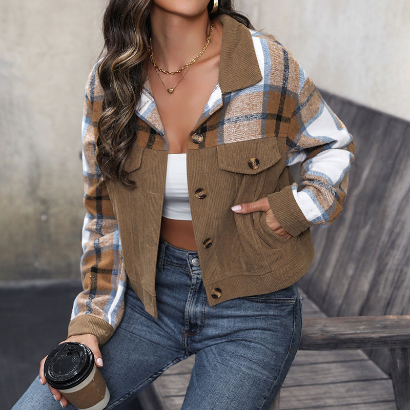 Damen Kurzjacke mit karierten Ärmeln und Taschen