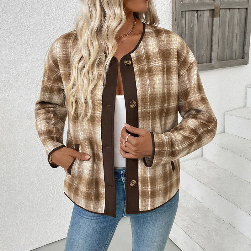 Damen karierte Übergangsjacke mit Rundhalsausschnitt und Taschen