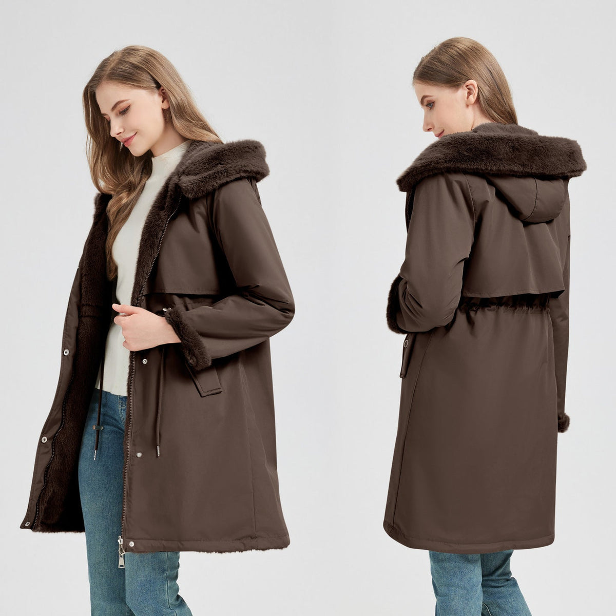 Damen langer Parka mit abnehmbarer Kapuze und taillenverstellbarem Kordelzug