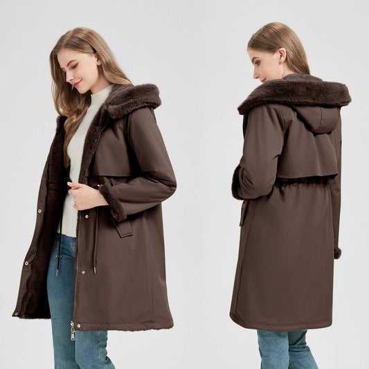 Damen langer Parka mit abnehmbarer Kapuze und taillenverstellbarem Kordelzug