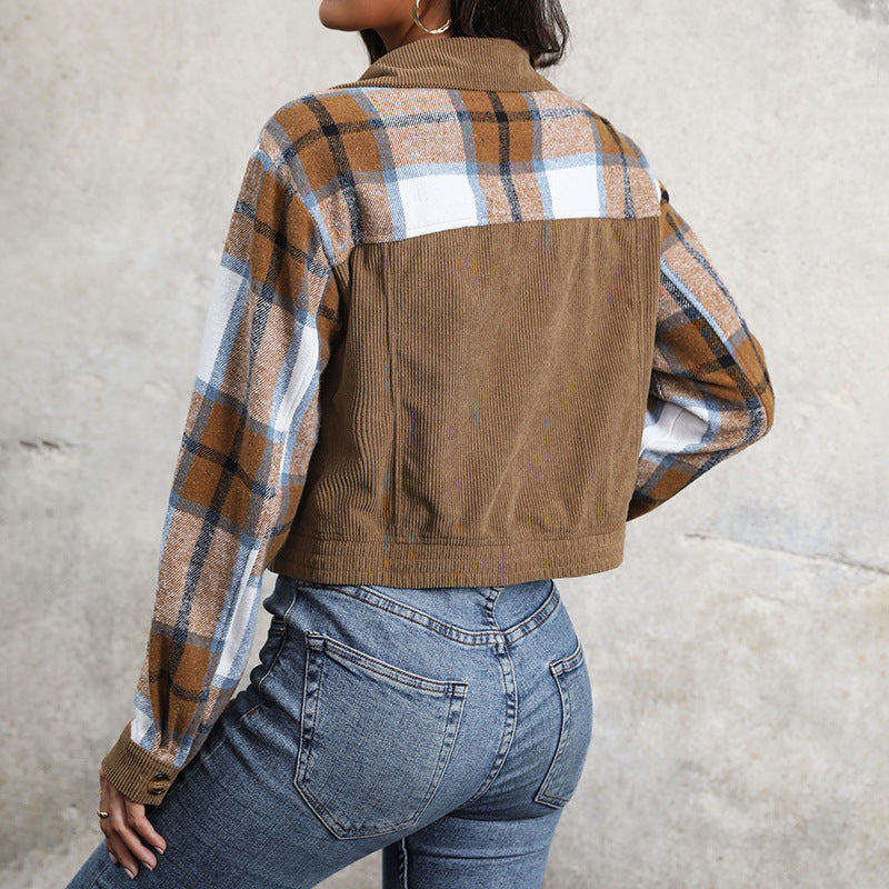 Damen Kurzjacke mit karierten Ärmeln und Taschen