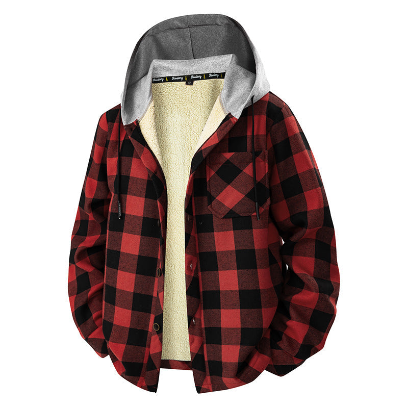 Herren kariertes Overshirt mit Kapuze, Brusttasche und Druckknopfverschluss