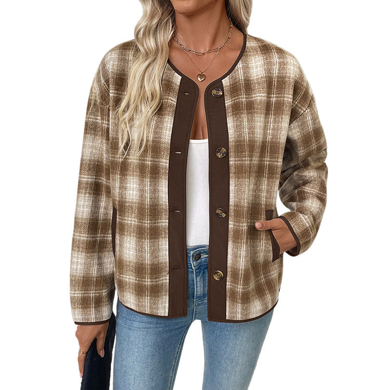 Damen karierte Übergangsjacke mit Rundhalsausschnitt und Taschen