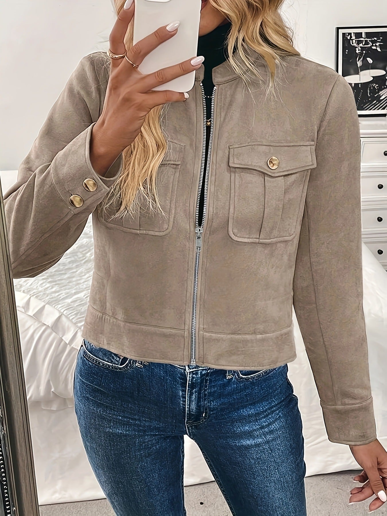 Damen Kurzjacke mit Pattentaschen und Reißverschluss