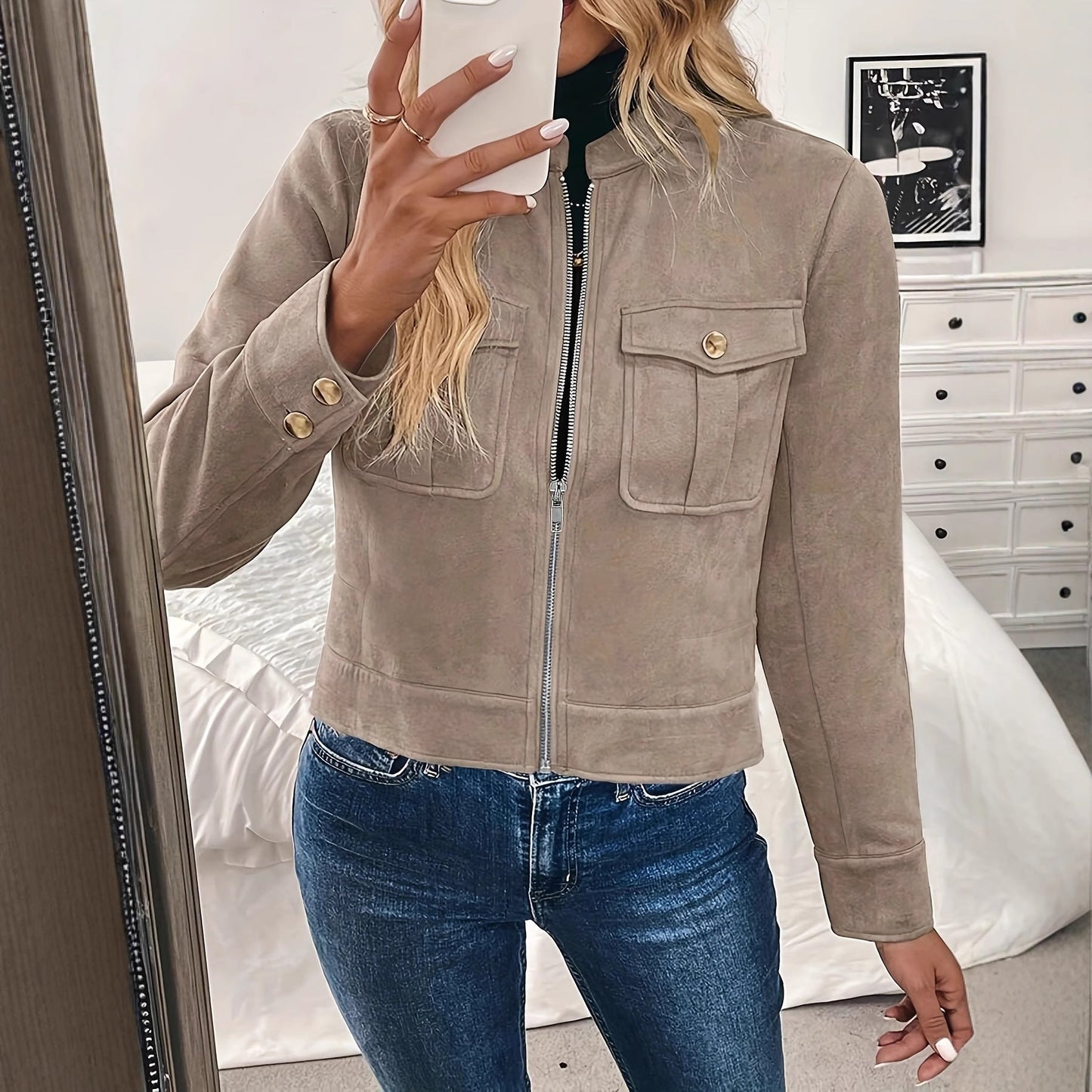 Damen Kurzjacke mit Pattentaschen und Reißverschluss