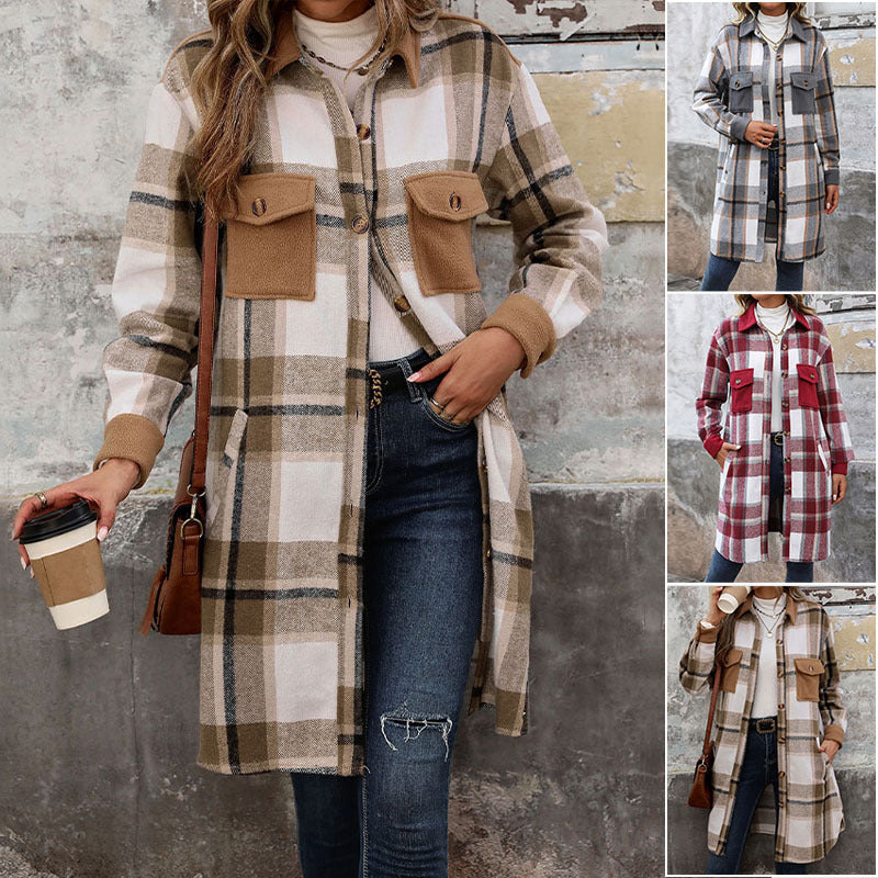 Damen Hemdjacke mit Karomuster, Taschen und Knöpfen, Langarm