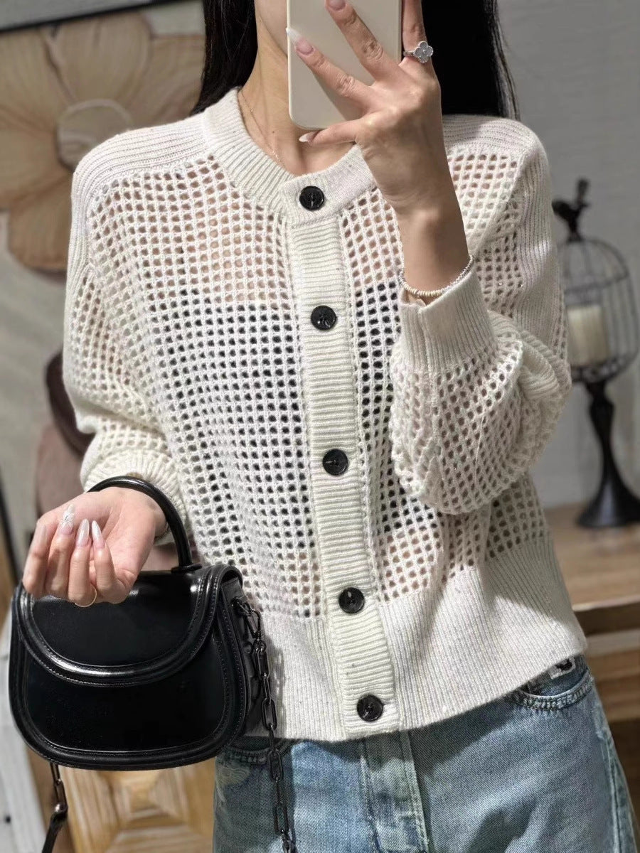 Damen Mesh-Cardigan mit Rundhalsausschnitt, Knopfleiste und langen Ärmeln